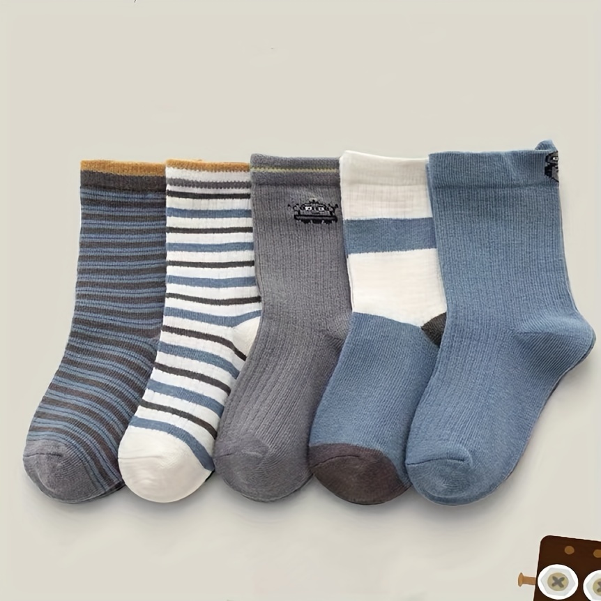 5 Pairs, Boys' Robot Striped Fall Winter Mid-calf Socks