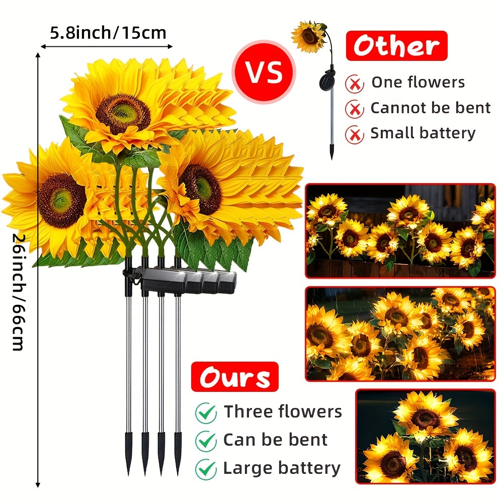 2 or 4 Pack Solar Sunflower LED Garden Lights with Light Sensor, Foldable Path Fixtures, IP65 Waterproof, Yellow Flower Design