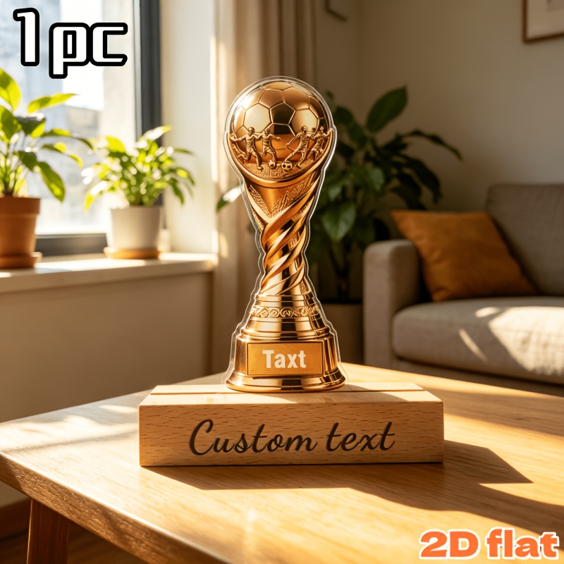 TEMU 2d Flat 1pc Golden Football Trophy Shaped Acrylic Ornament Of Home! Customizable Text Trophy Shaped Ornament, Commemorate Passion, Perfect Gift