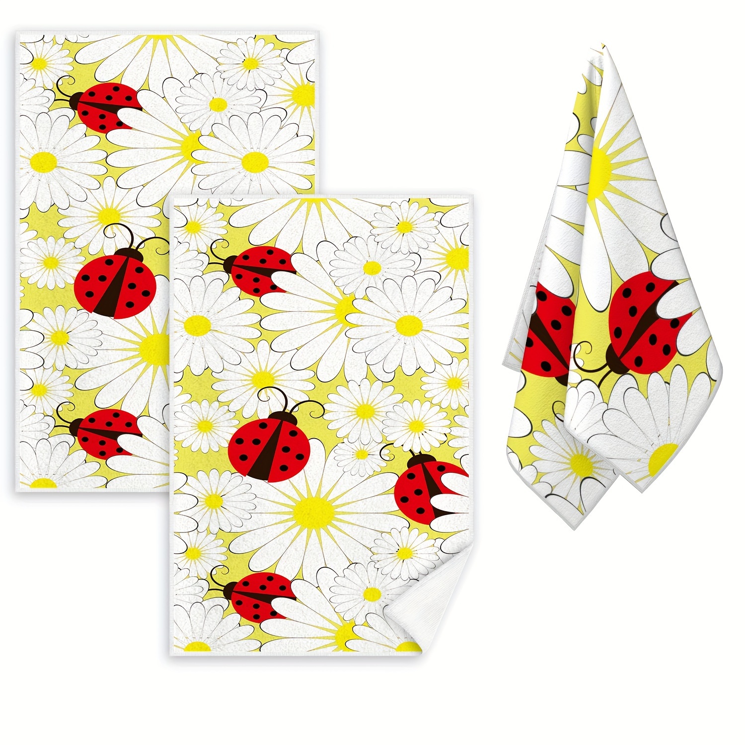 

2pcs, Contemporary Ladybug & Daisy Design Microfiber Kitchen Towels, Soft Durable Dishwashing Cloths, Decorative Cleaning Supplies