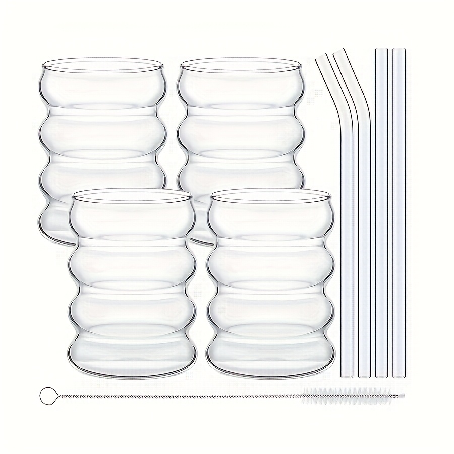 E-shop 2/4/6 Stück handgeblasenes gewelltes Glas mit Strohhalm, niedliches geripptes Trinkglas, Kreisglas, hochborosilikatiges Glas erhältlich für heiß