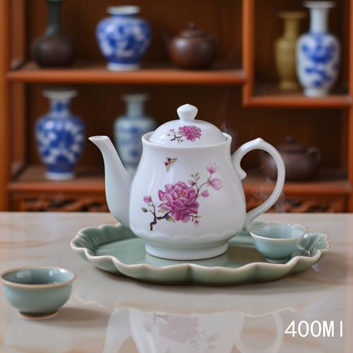 a printed ceramic teapot with pink floral and patterns in sizes showcasing chinese elegant aesthetics suitable for brewing tea decorating chinese tea spaces and conveying of