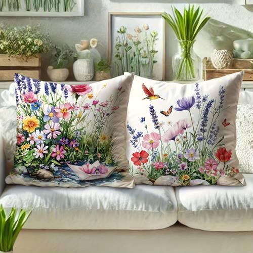 set of 4 pillowcases featuring a lavender and design ideal for enhancing on sofas beds and spaces like and offices cushion covers come with a zipper closure are machine washable and