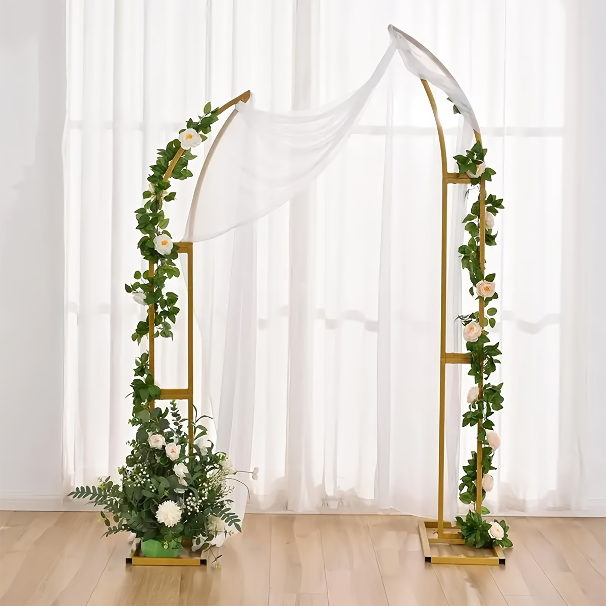 golden metal star moon half arch stand with white fabric draping elegant decor for weddings engagements birthdays christmas and valentine s day party backdrops event decoration festive decor sleek structure moon decor 0