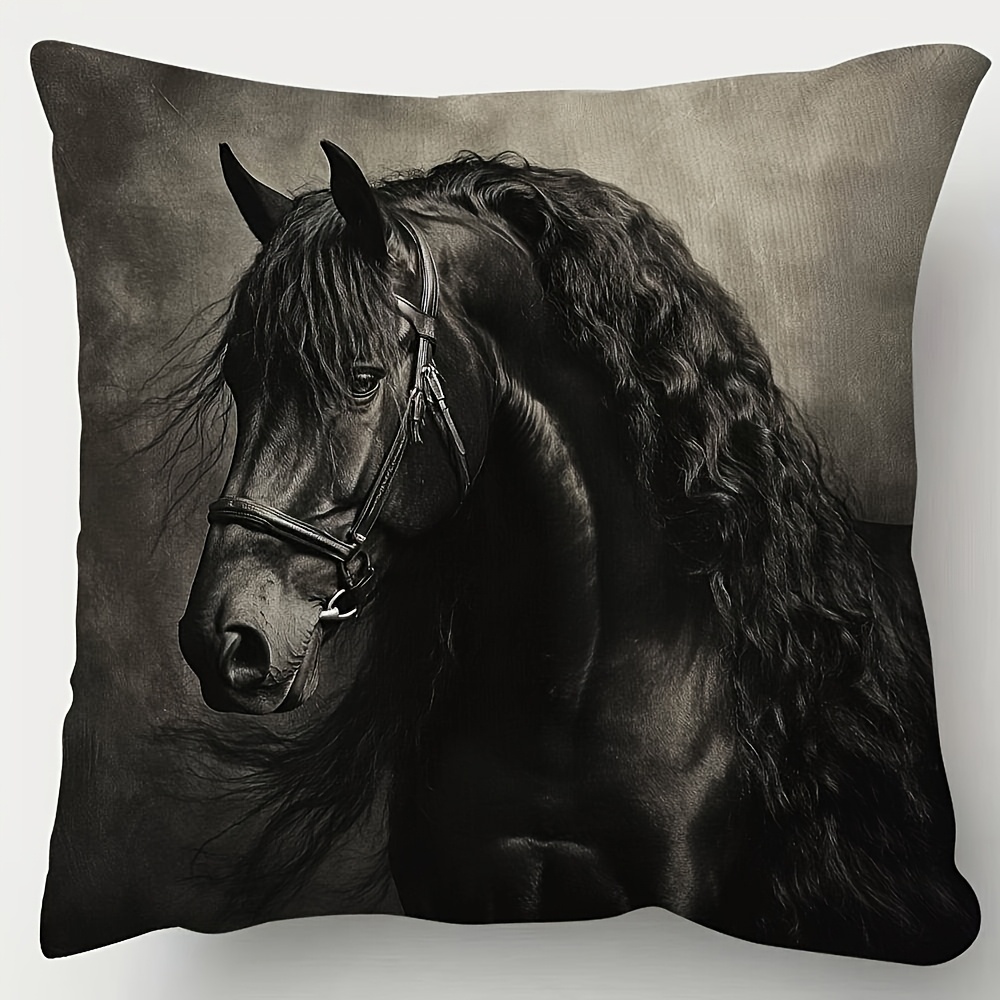 TEMU 1pc 45.72x45.72cm Horse Cushion Cover - Plush, Double-sided Print, Black And White , Polyester Material, Perfect For Home, Office Or Sofa