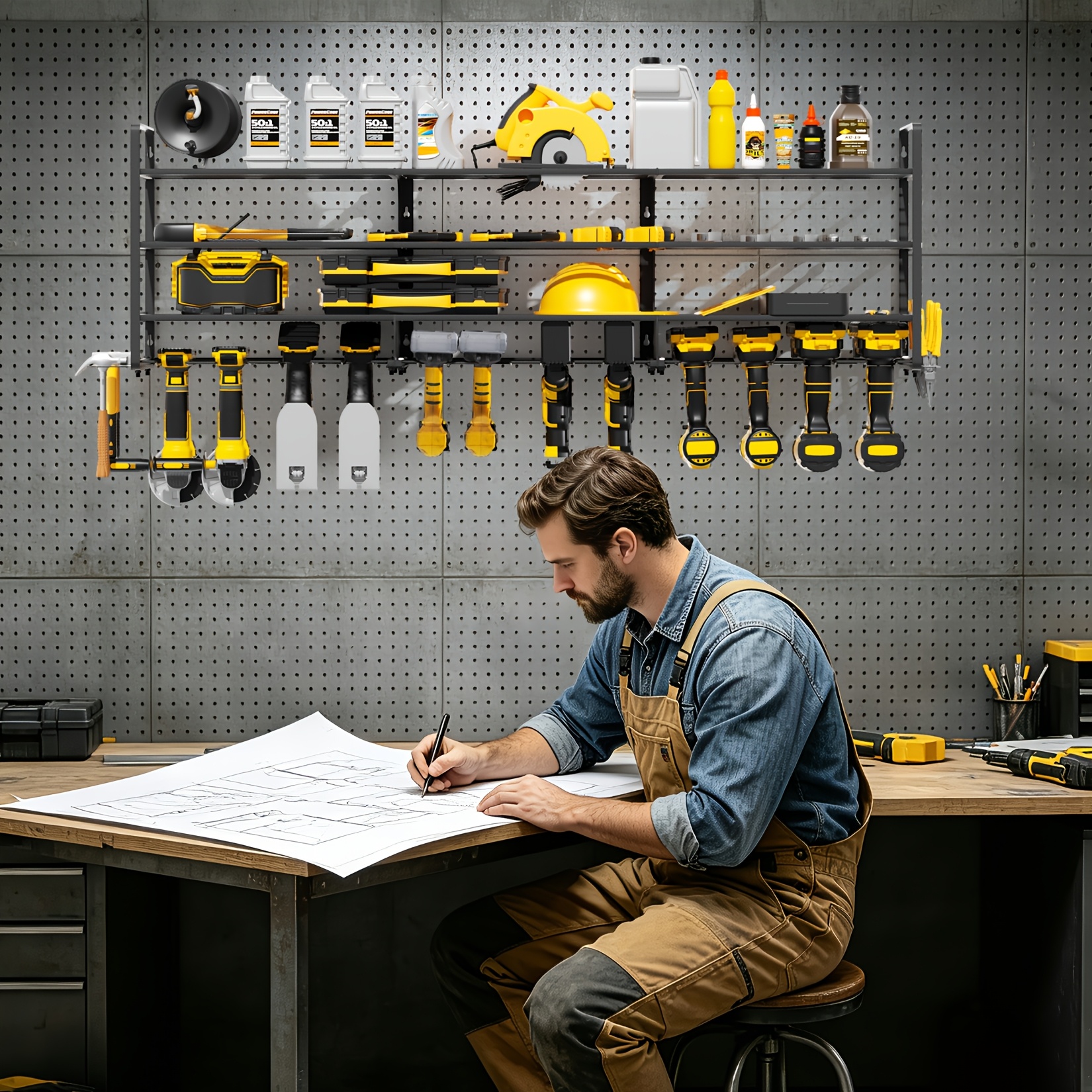 TEMU 137.5cm W Large Power Tool Organizer Wall Mount, 4 Layer Heavy Duty Tool Rack, Tool Storage Rack Holds 12 Cordless Drills, Large Capacity For