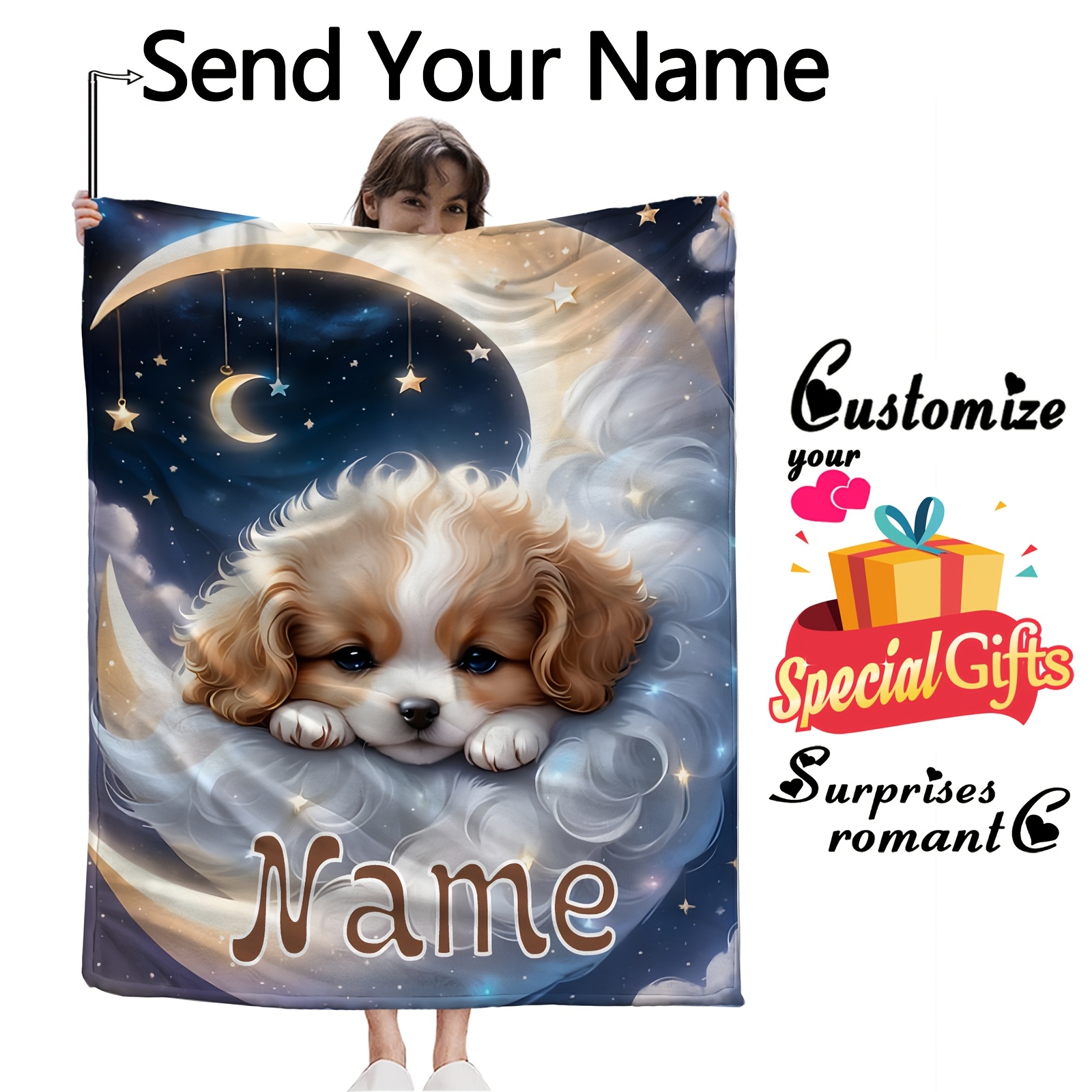 

1pc Personalized Name Dog Flannel Blanket, Fleece , Contemporary , , Washable, , - Use For Sofa, Bed, - Theme