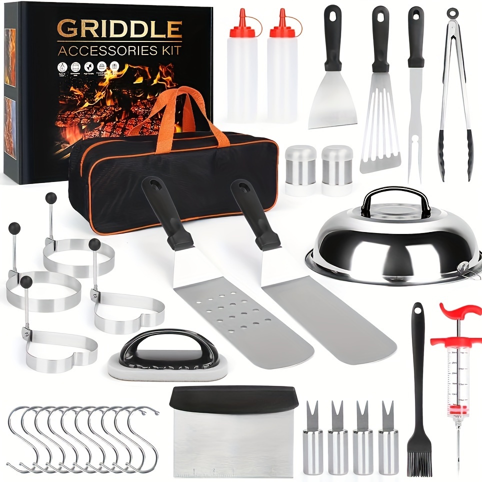 

34pcs Heavy-duty Griddle Accessories Kit, Professional Chef's Stainless Steel Flat Top Grill Set With Basting Brush, Spatula, Scraper, Bottles, Tongs, Egg Rings For Camping Outdoor Bbq