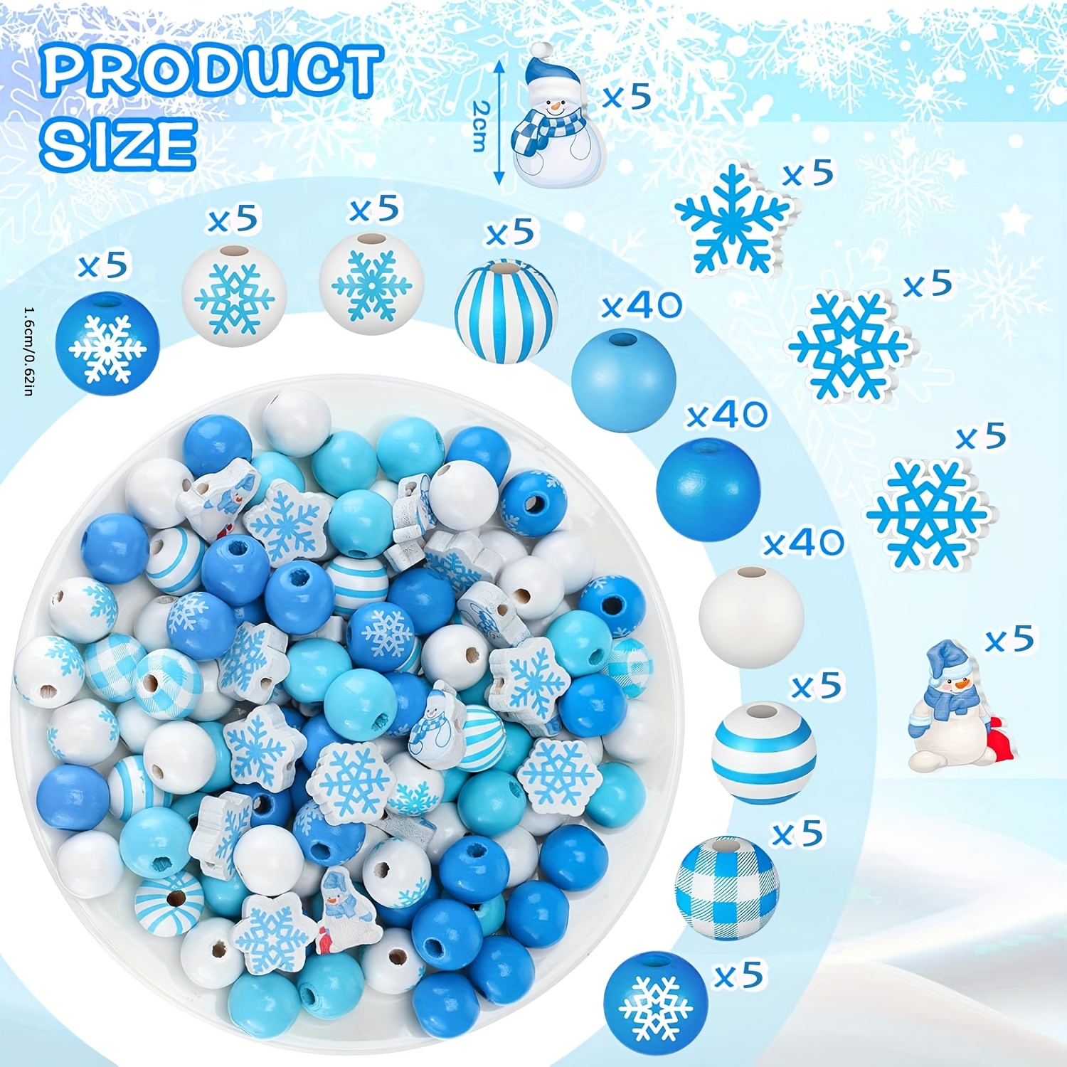 TEMU 180 Christmas Themed Wooden Bead Crafts, Colorful Wooden Beads With Holes, Blue Beads, Snowflakes, , Christmas Trees, Circular Beads, Polished