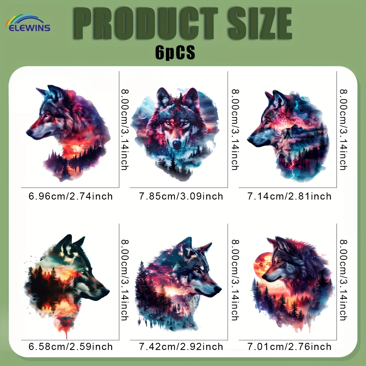 TEMU 6 pièces/set DTF Mystique Loup DIY Autocollants Lavables Designs Thermotransfert Prêts à Presser Décalcomanies Patch pour Vêtements T-Shirt