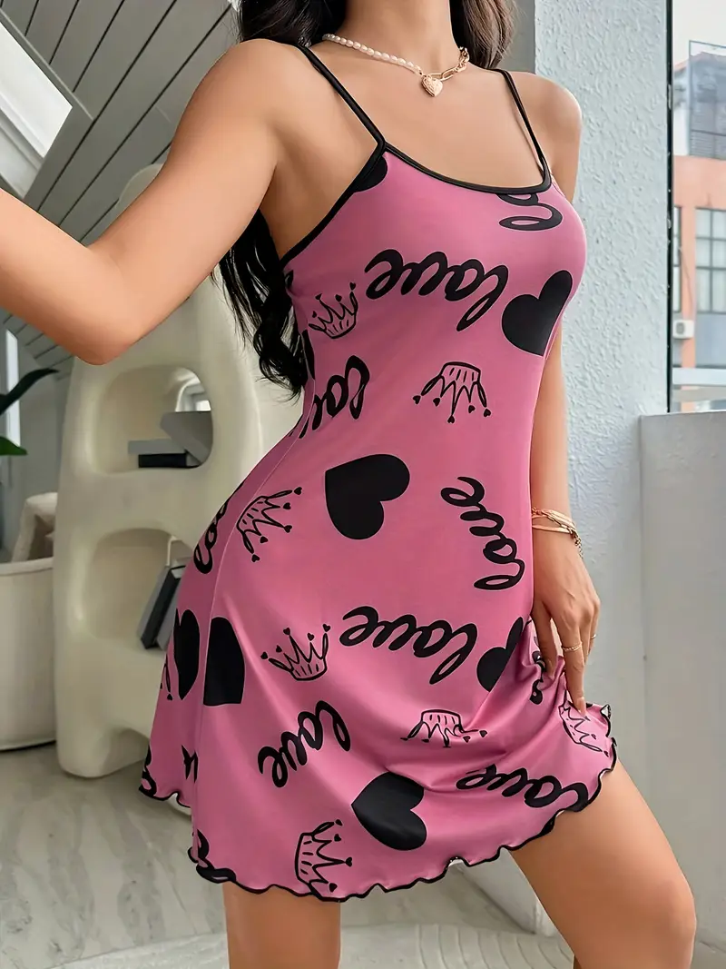 womens heart crown letter trim sleepwear dress round neck backless slip dress comfortable nightgown details 3