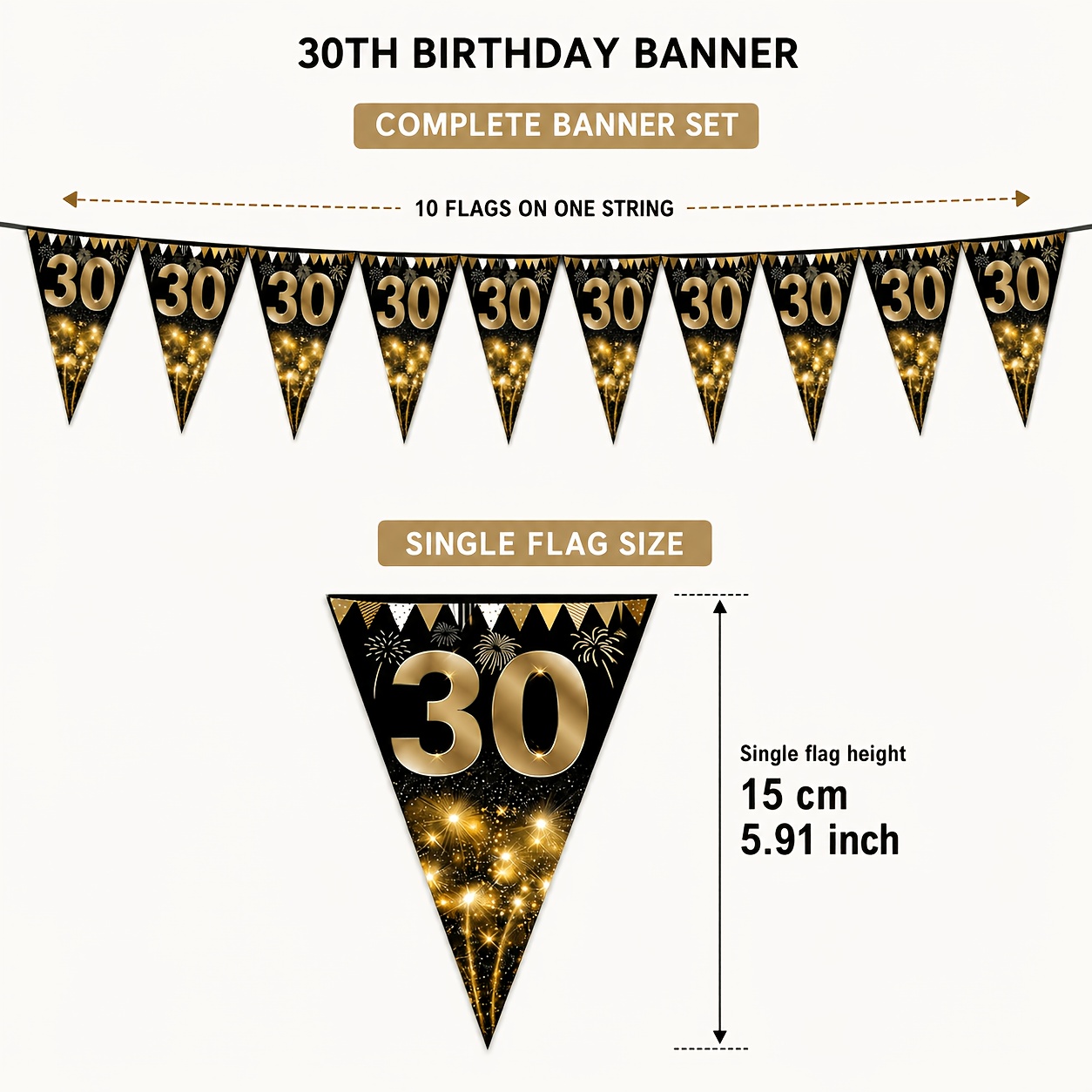 TEMU 1 Set Black And Golden 30th Birthday Triangular Banners, Starlight Fireworks 30 Years Old Party Triangular String Banners, Thirtieth Birthday