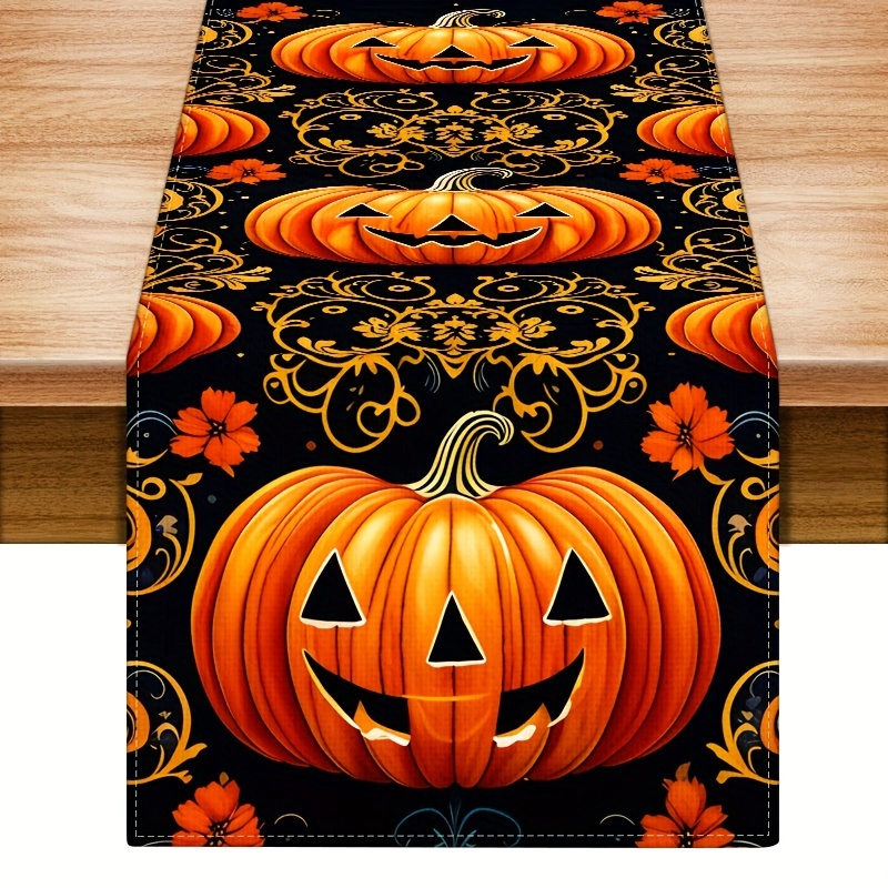 

1pc Table Runner, Autumn Thanksgiving Halloween Pumpkin Design Table Runner, Durable And Washable Square Polyester Table Runner, For Home Dinning Room And Restaurant, Home Supplies