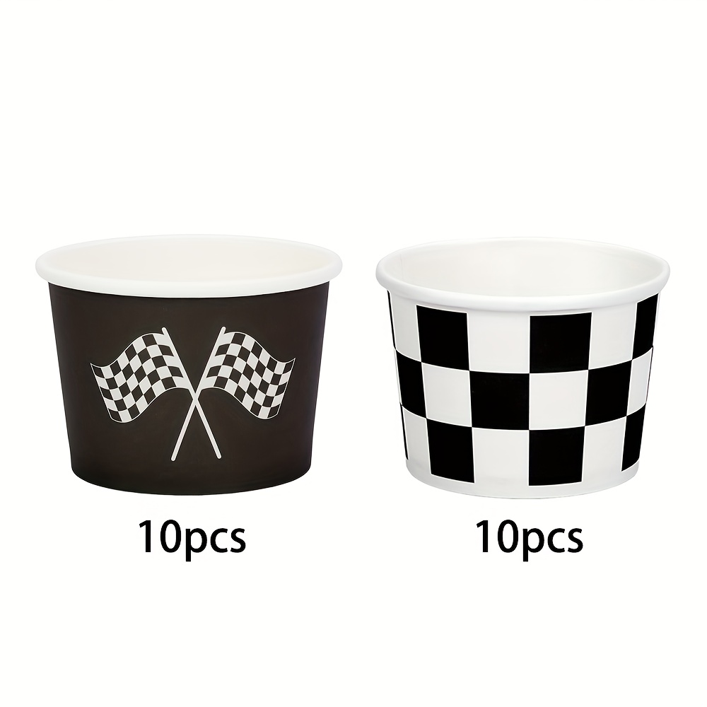 Image of 10pcs/20pcs/40pcs Ice Cream Cups For Racing Theme Party Black And Cream Cups Checkered Treat Paper Dessert Snacks Container Wedding Birthday Party Supplies