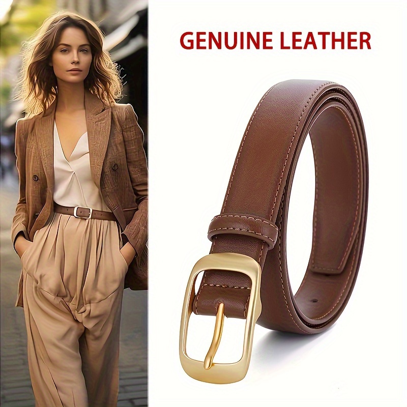 

Golden Pin Buckle Genuine Leather Belt Solid Color Waistband Simple Style Jeans Pants Belts For Women
