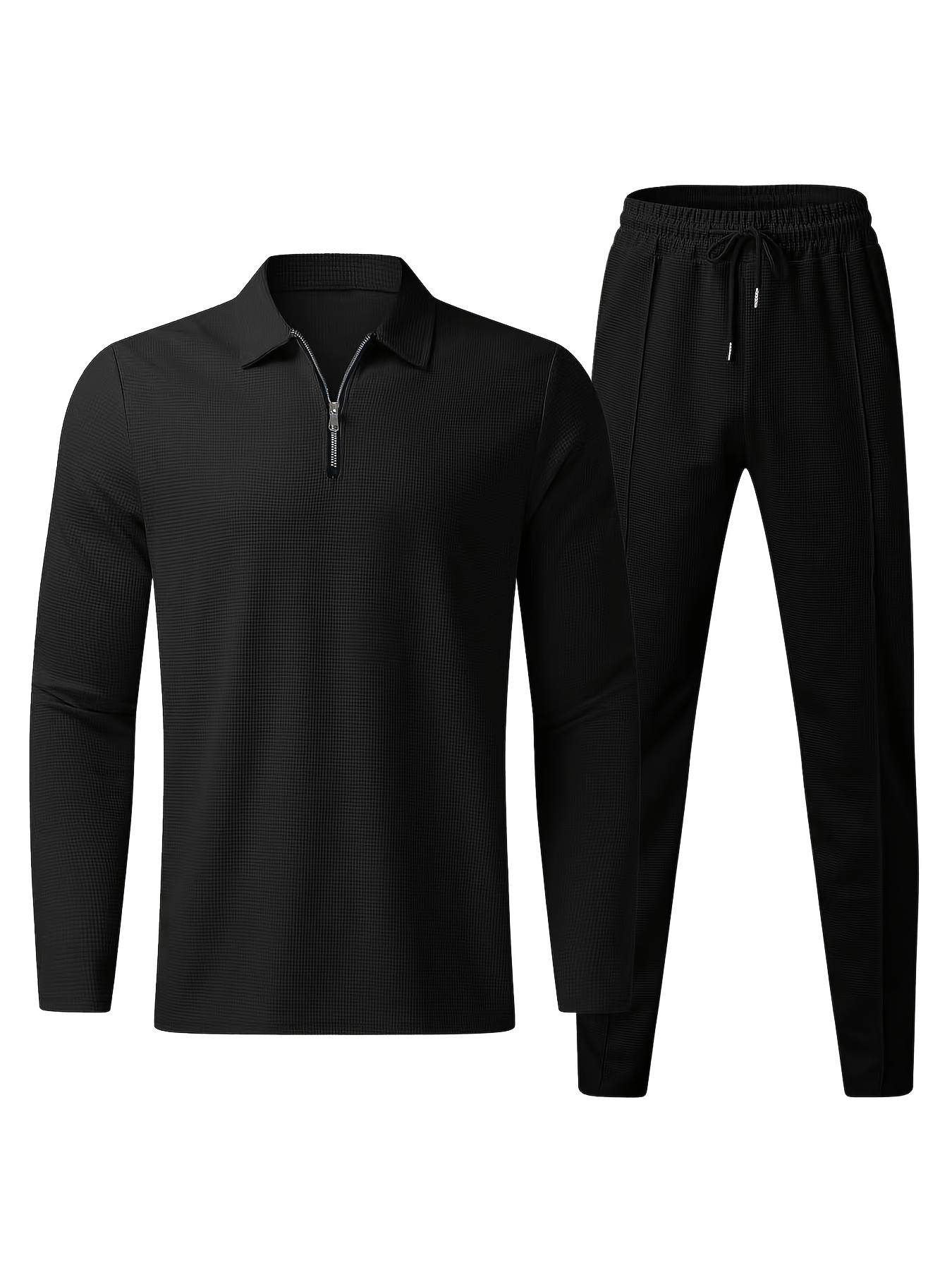 lässiges Pyjama-Set für Herren, gestrickter Stoff, Reverskragen, Reißverschlussdetail, reguläre Passform, 100% Polyester, 250g/m² - bequeme, leicht dehnbare Loungebekleidung