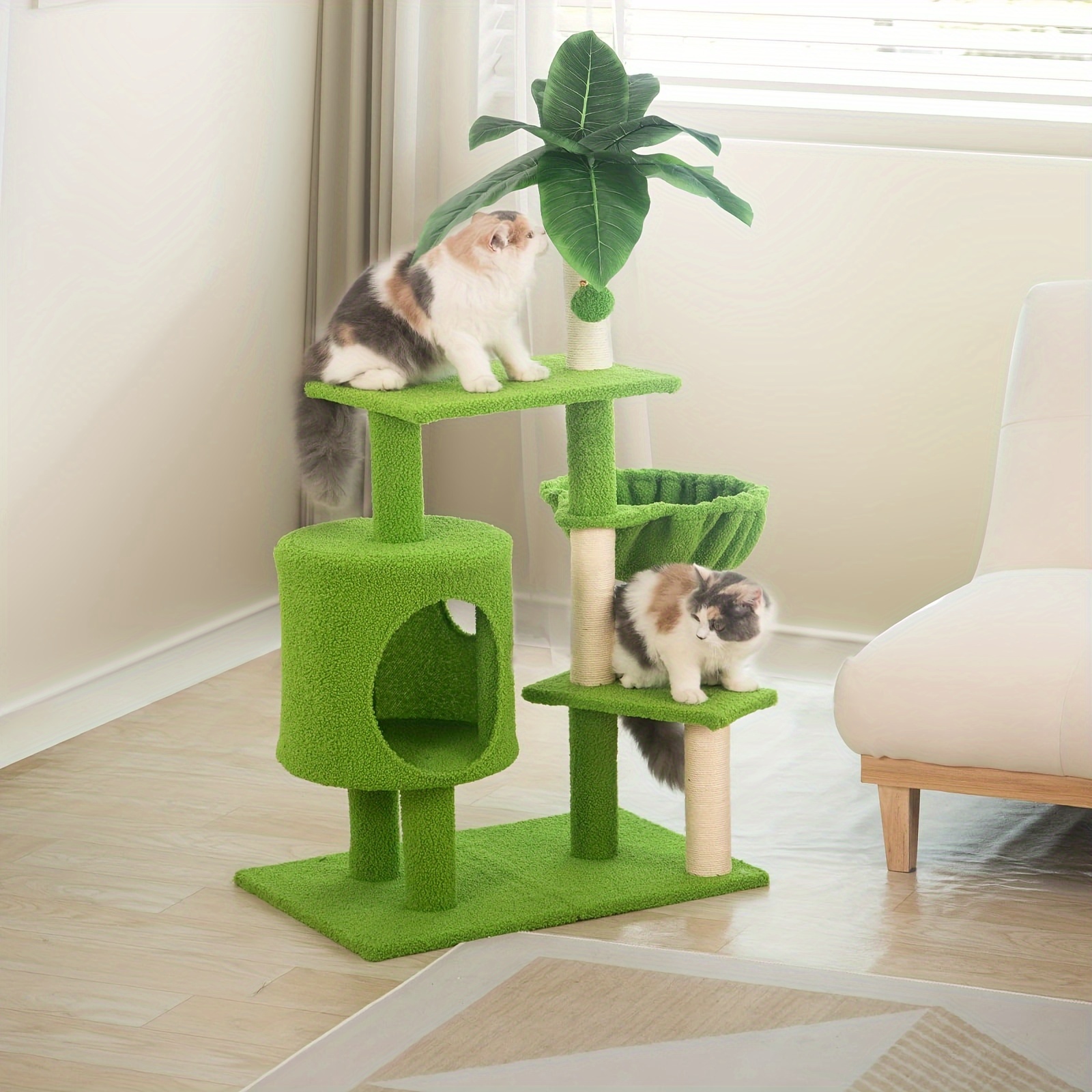 

Cat Tree For Indoor Cats With Green Leaves, 40inch Cat Tower With Scratching Post, Cozy Cat Condo And Hammock, Cat Tree Tower With Hanging Ball And Bell For Kittens