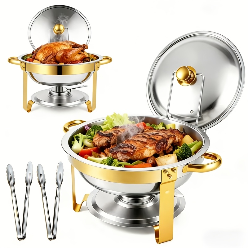 2pcs Golden Buffet Pot Set, 5qt Round Hot Pot Buffet Set With Glass Lid And Lid Rack, Stainless Steel Hot Pot Food Warming Tray For Party Catering Wedding [ Cooking], Cooking