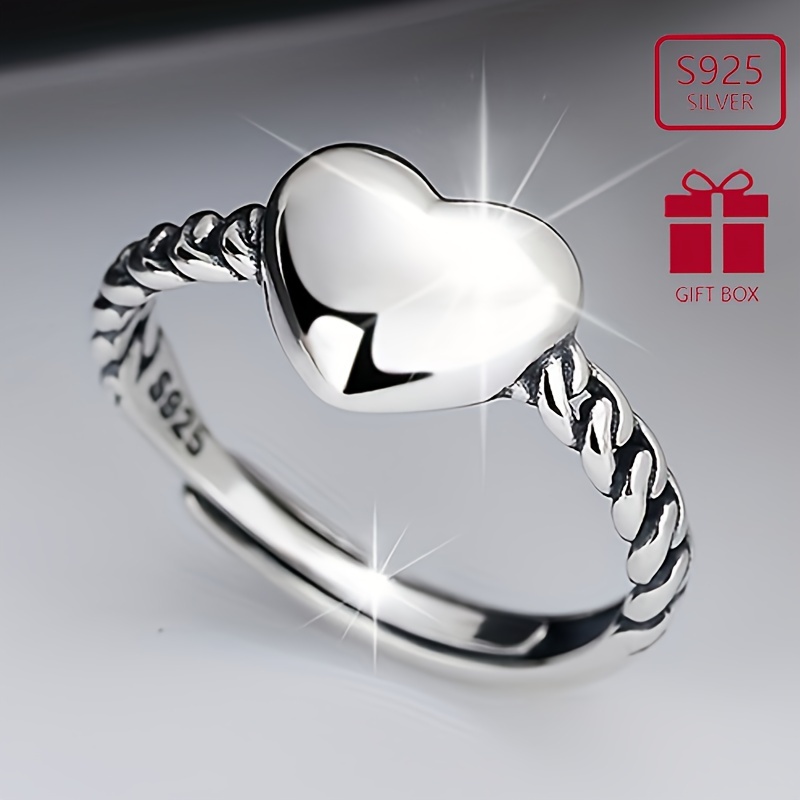 

1pc 925 Sterling Silver Ring Cute Heart Design Suitable For Men And Women Match Daily Outfits High Quality Adjustable Ring