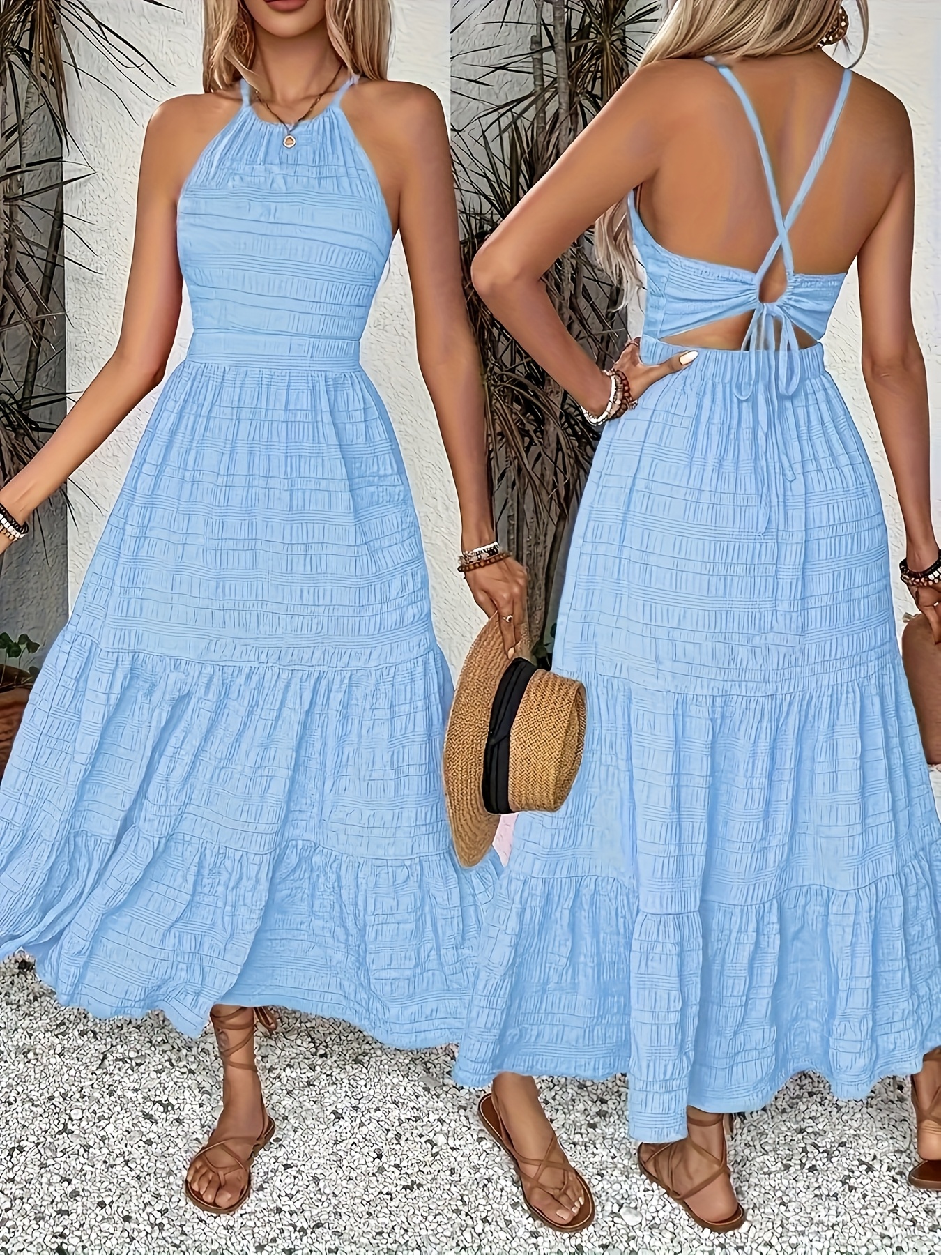 temu beach dresses Women's Elegant Solid Color Pleated Vacation Dress with Back Tie Nashville bachelorette outfit