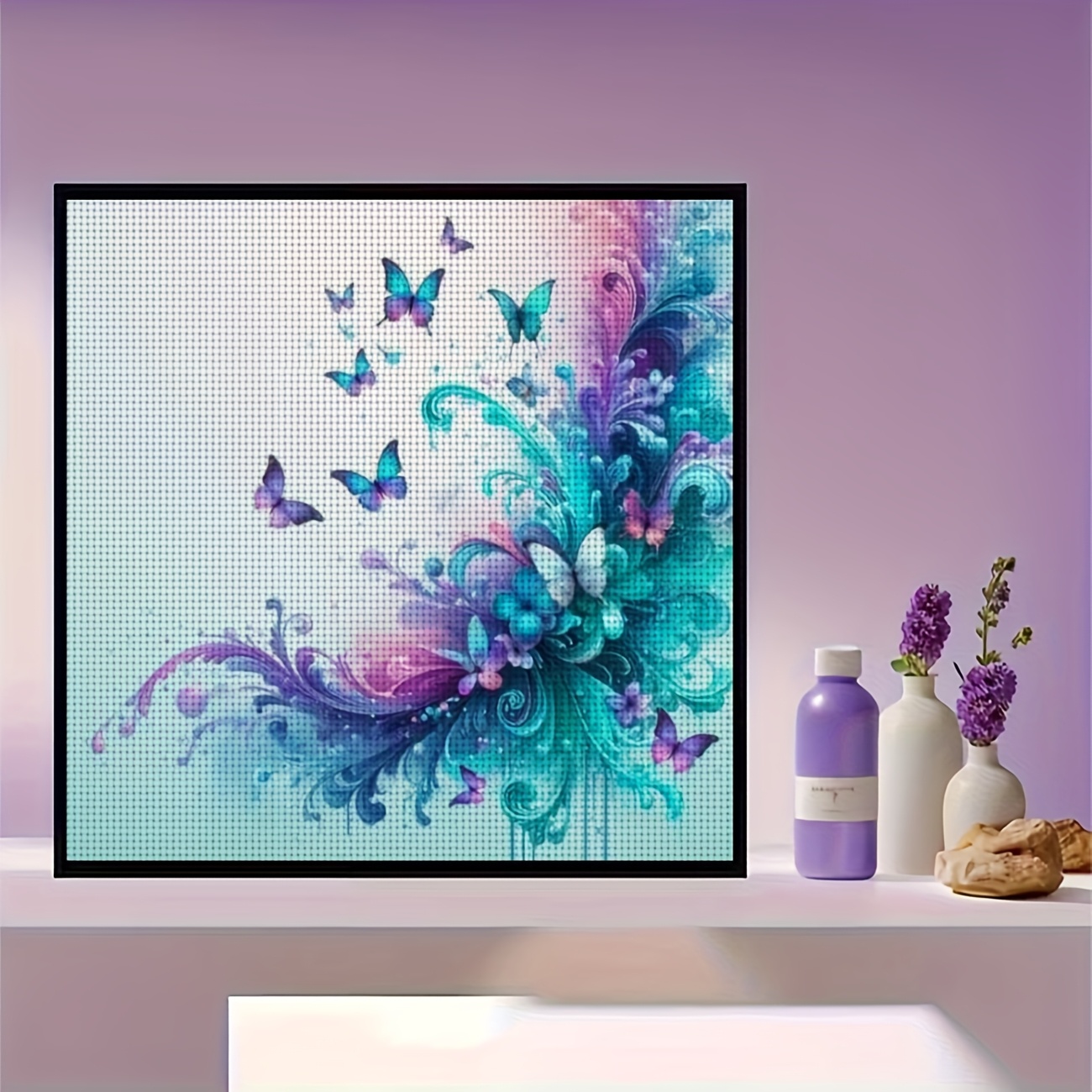 Cross-Stitch Printed Kit, Frameless, "Colorful Butterfly Dream Flower" Pattern