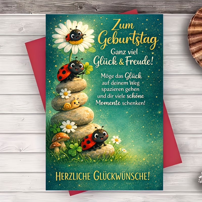 1 Envelope And 1 Greeting Card Birthday Card With Cute Ladybugs And Family And