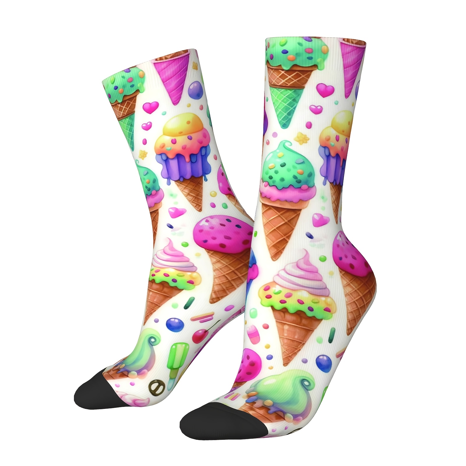 TEMU Une paire de chaussettes de sport unisexes d'extérieur avec un imprimé de crème glacée, , lavables en machine, adaptées aux passionnés de ,