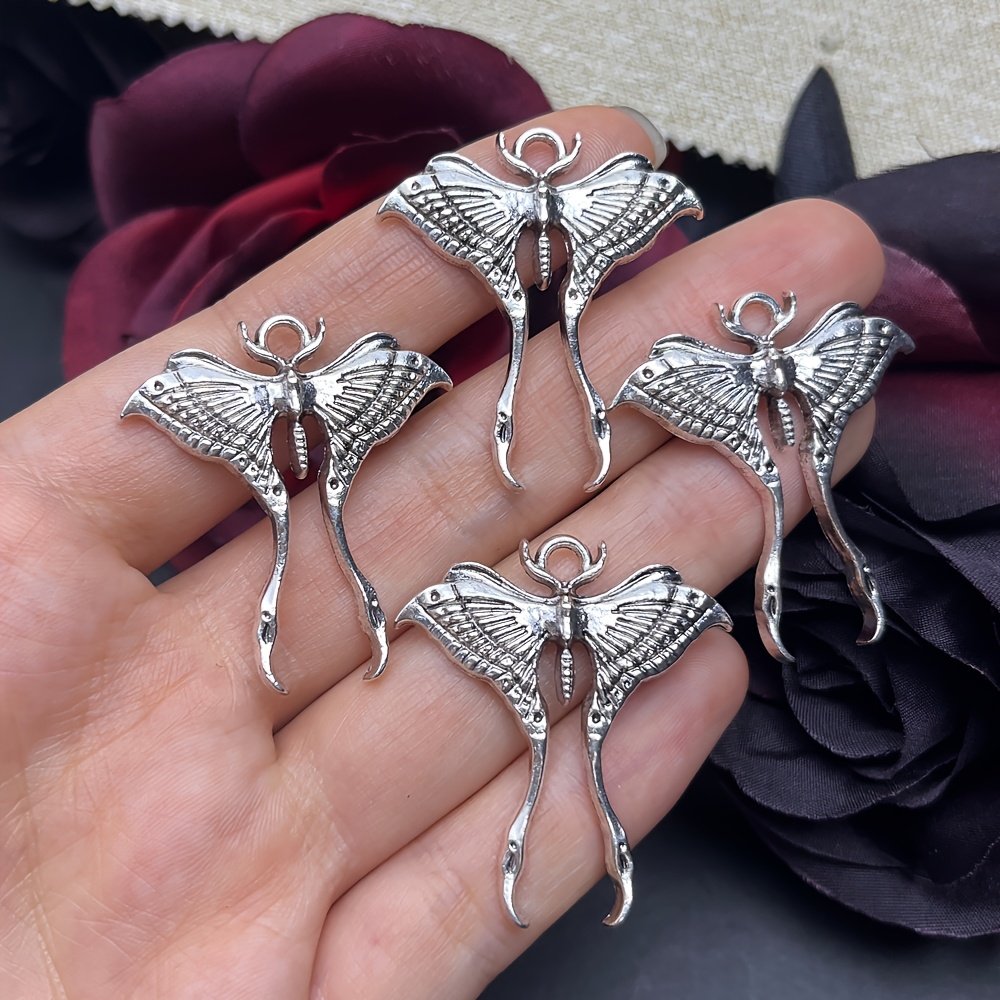 TEMU 4pcs Accessories Set: Vintage Silvery Luna Moth Pendant, Dark Gothic Style Moth Charm, Niche Jewelry Materials, Handmade Earrings, Necklace, And