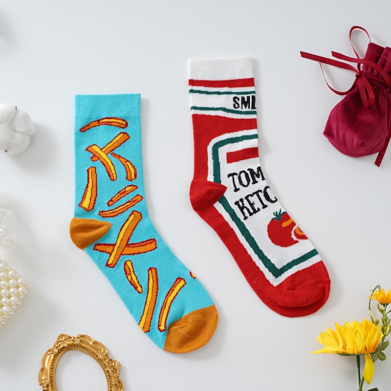 a pair of unisex   calf socks tomato and fries themed ab socks stylish and versatile   couples short socks