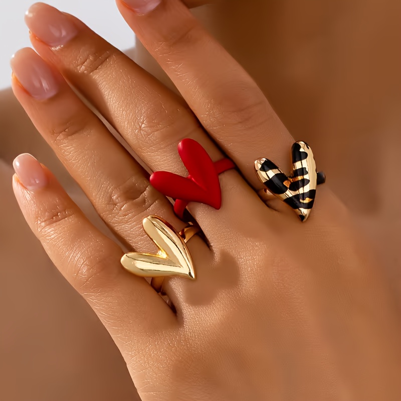 Image of 3pcs Set Valentine's Day Fashionable And Personalized Metal Enamel Leopard Print And Heart-shaped Adjustable Ring Set, Suitable For Parties And Occasions For Women To Wear Mother's Day Gifts