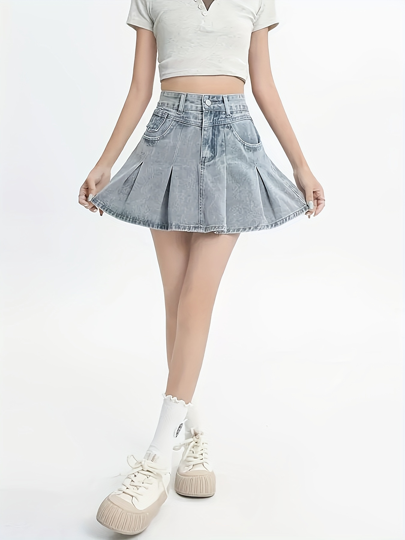 Women'S High-Waist A-Line Pleated Denim Skirt Light Blue, Non-Stretch,  Solid Color, Frill Detail, Regular Fit, Spring/Summer/Fall High - Main Image