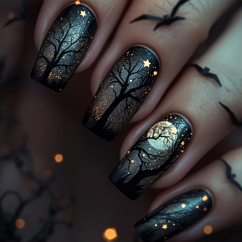 TEMU Faux Ongles Halloween Mi-Longs Forêt 24pcs Lune d'Horreur Ongles Portables Autocollants pour Ongles Amovibles Réutilisables Nail Art Pratique