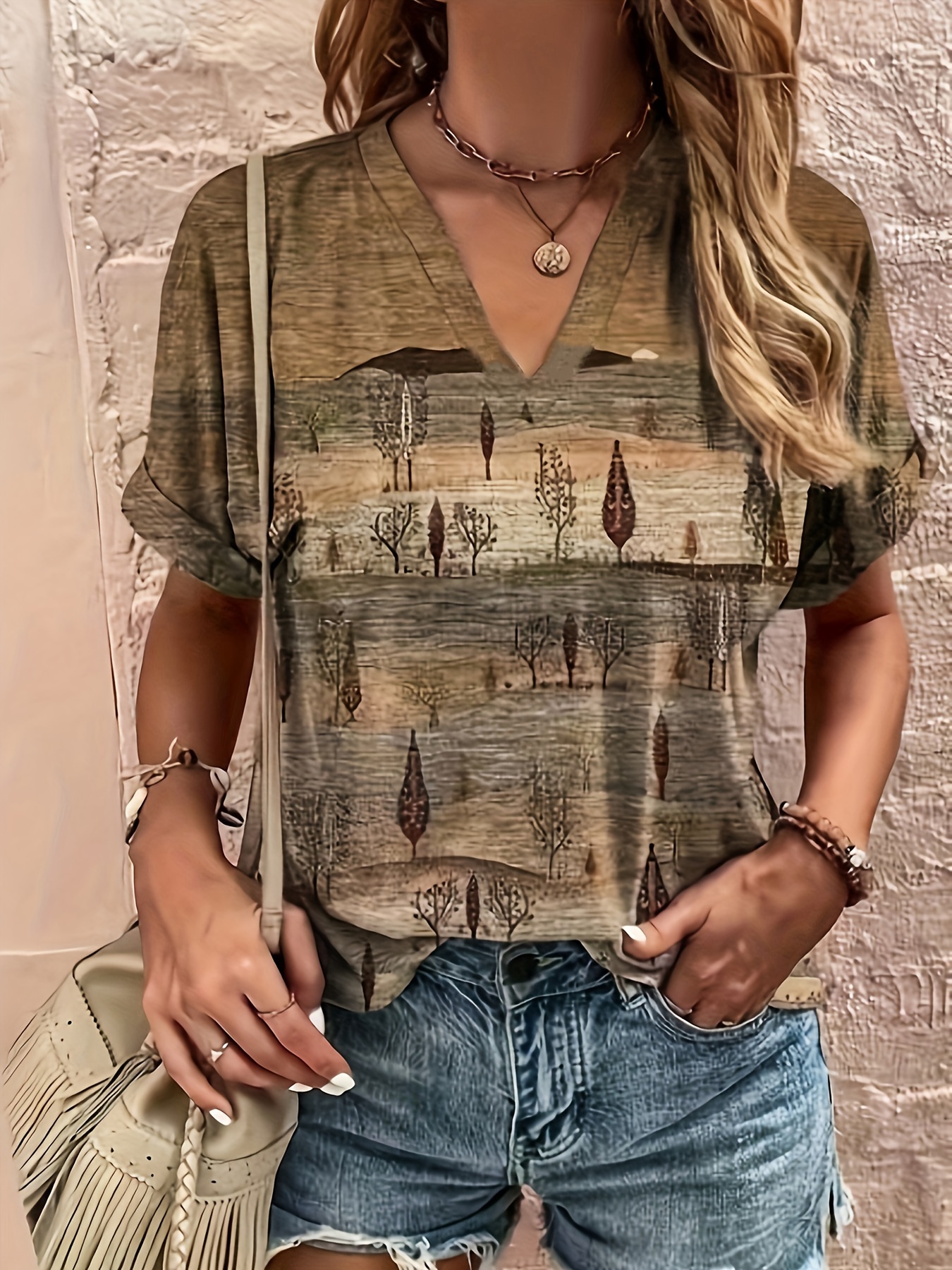 Women's Bohemian Ethnic Print V-Neck Short Sleeve T-Shirt - Summer Casual Loose Fit Plus Size Top with Vibrant Geometric Patterns, Machine Washable, Cute T Shirts, Stylish Streetwear, Nontransparent Fabric