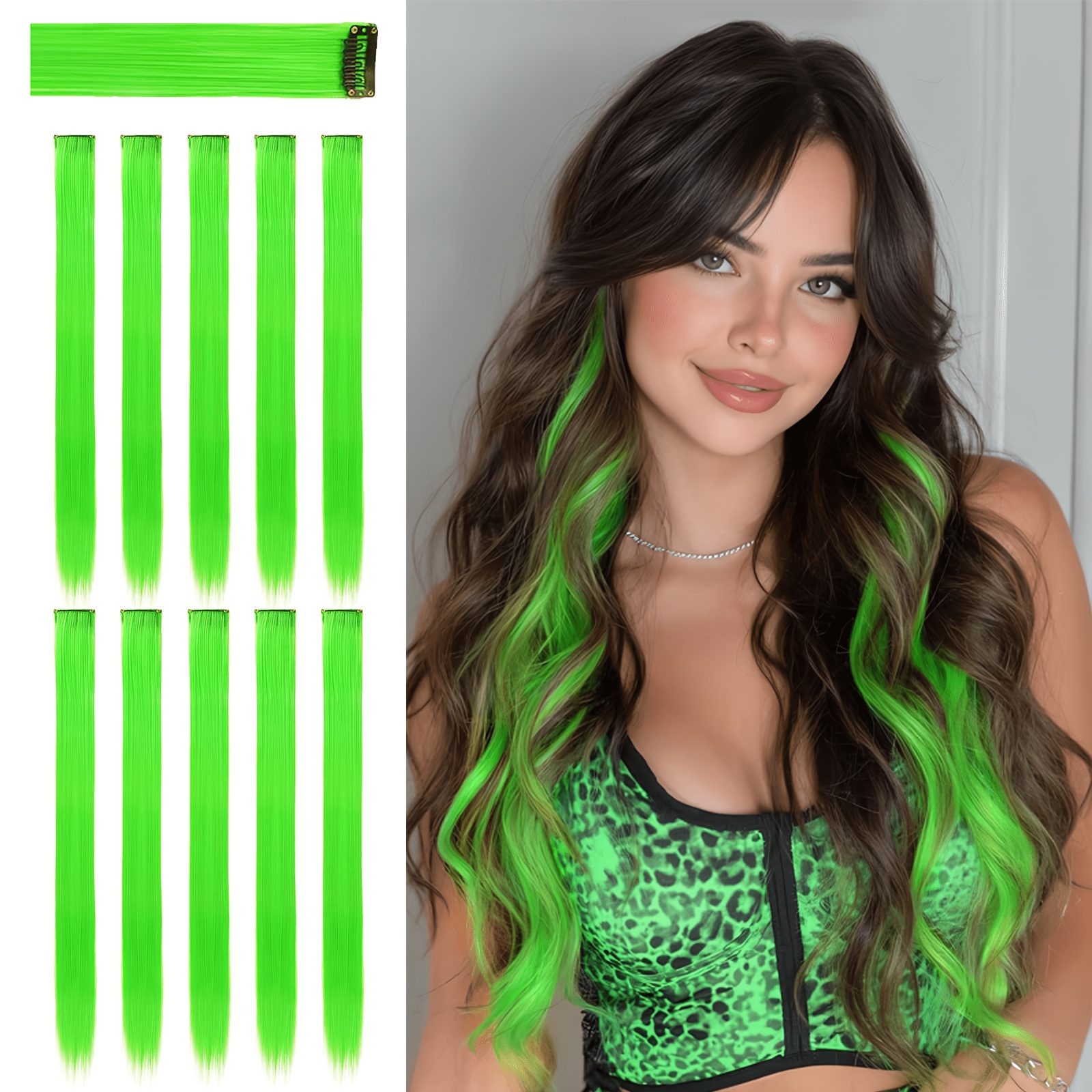 TEMU 10pcs Emerald Green Hair Extensions | 24" Clip-in Hair Extension | Colorful Straight Long Hair Extensions Clip-in Hair Synthetic Straight Hair