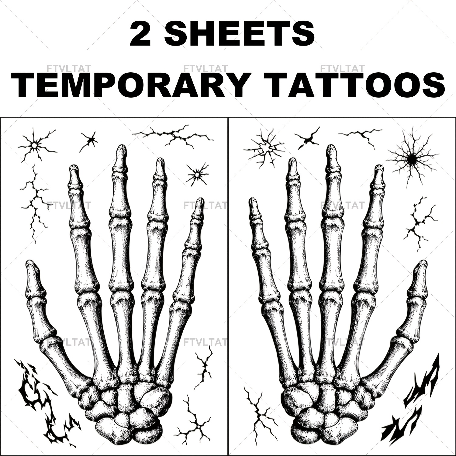 Image of 2 Sheets Temporary Halloween Hand Tattoo Stickers, Waterproof Black Hand Sticker Set, Suitable For Cosplay Costumes, Gothic Party Outfits, Body Painting Additions