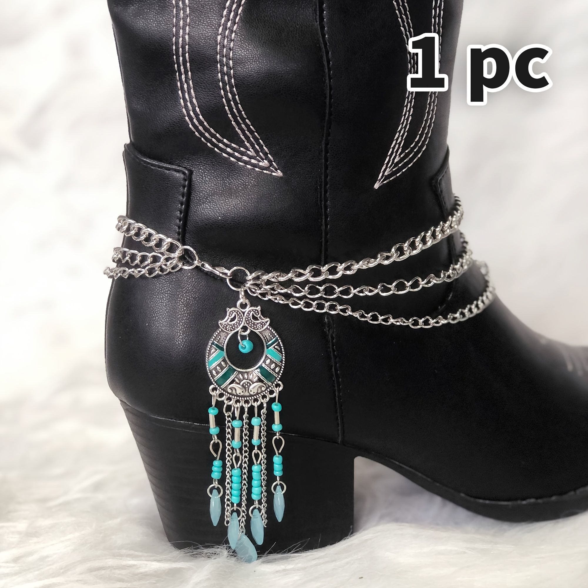Biker Boot Chains With Star Charms - Silver Faux Leather Straps For Men & Women