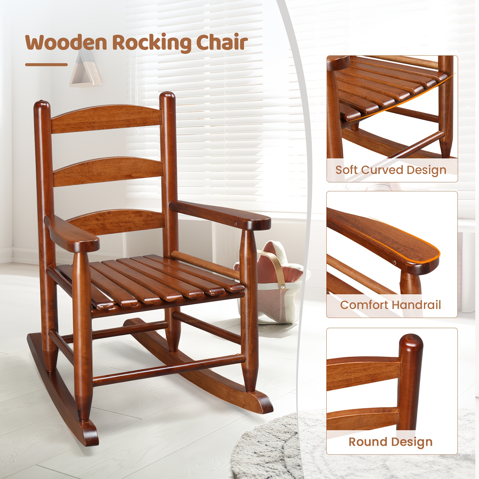 Kids Rocking Chair for 3-6 Ages, Small-Size, 14.8 X 18.5 X 22.6In, Solid Wood Material, All-Weather Wooden Porch Rocker with High Backrest, Ideal for Outdoor&Inddor, Birthday/Festival Gift for Children, Teak