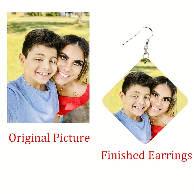 Custom Geometric Wooden Earrings with Photo Print Pendant