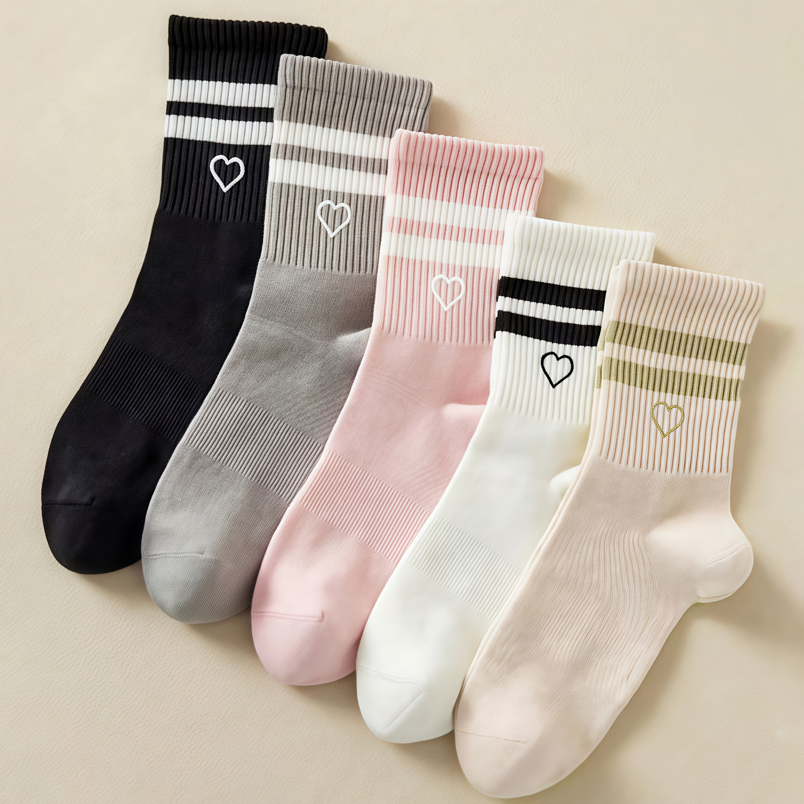 E-shop 5-Pack Einfarbige Gestreifte -Casual Vielseitige Bequeme Atmungsaktive Trendige Wadenhohe Socken für Frauen