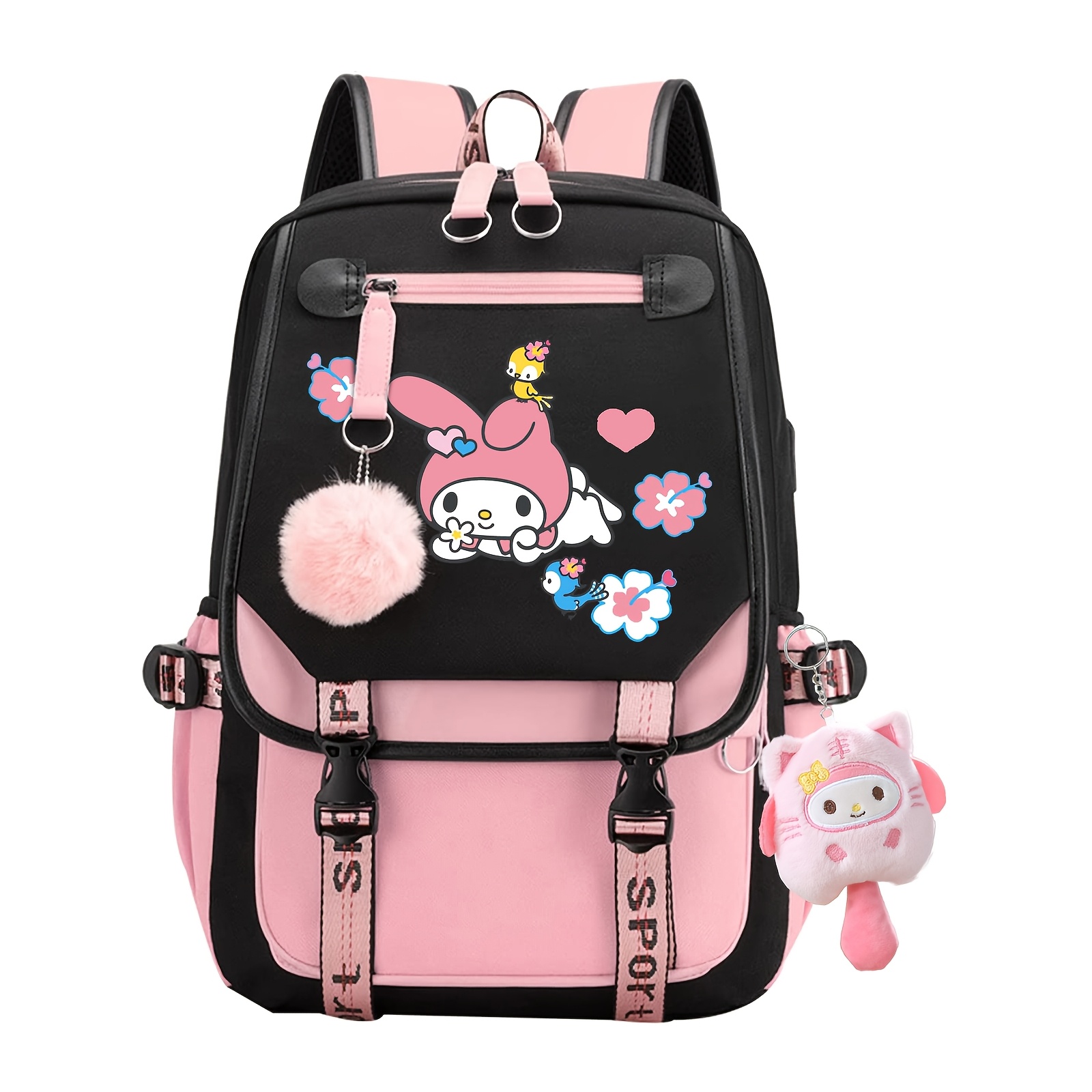 TEMU Christmas Gift Hello Kitty My Melody Cute Backpack With Plush Pendant Multi-compartment Cute Casual Backpack Grunge Y2k Backpack Casual Backpack Suitable For Fans Christmas Gift
