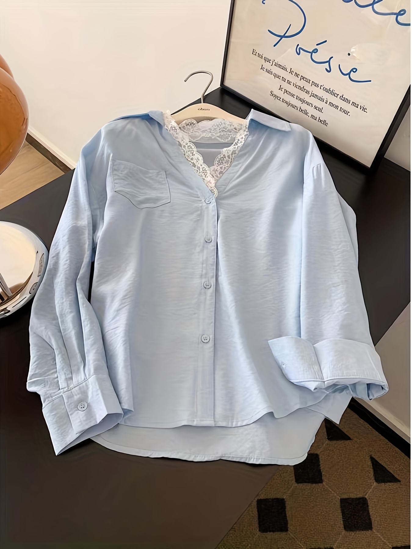 women's casual v neck lace trim blouse loose fit long sleeve