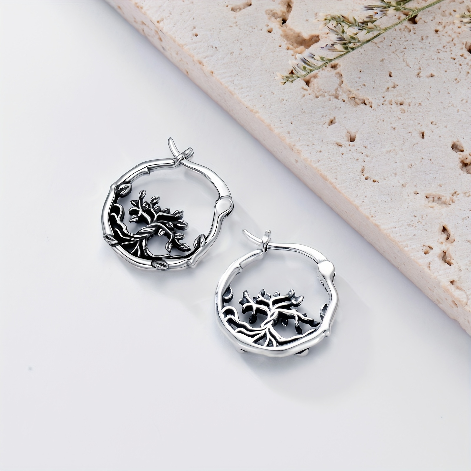 tree life circle earrings 925 sterling silvery tree life - Temu