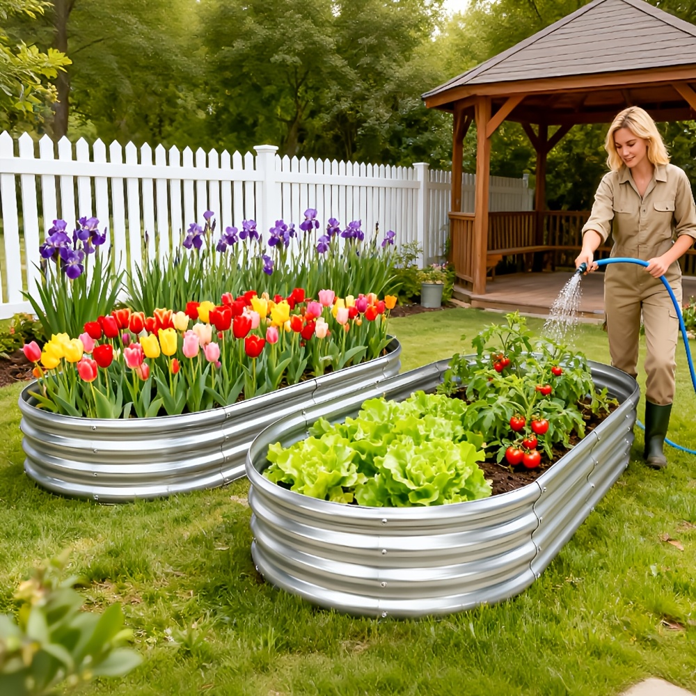galvanized garden bed 2  raised garden bed 8x3x1ft galvanized oval planter outdoor for flowers plants vegetables herbs anti rust durable easy assembly with detailed   manual herb gardening durable construction