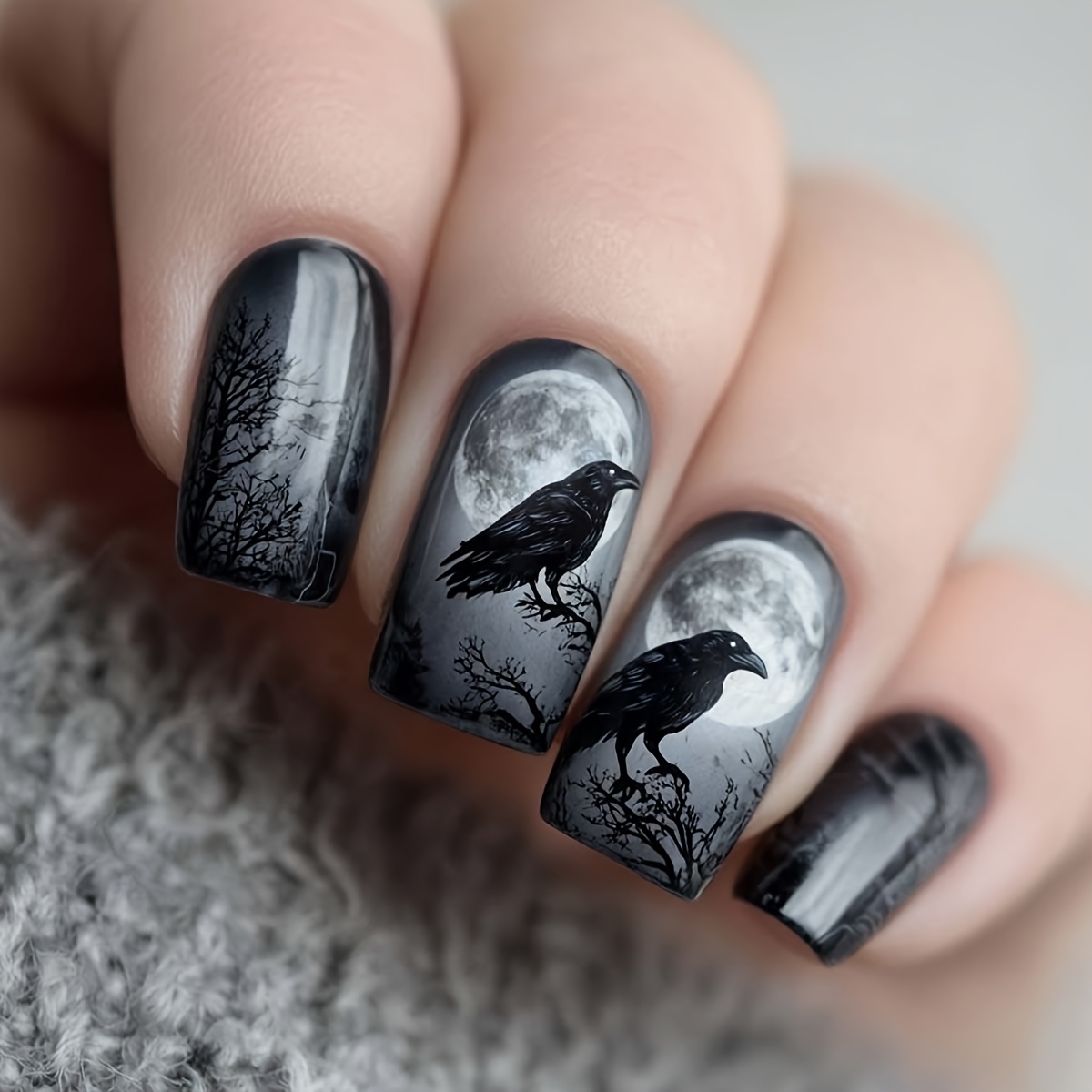 TEMU 24pcs Mid-length Square Dark Style Nail Art, Gradient Gray Black Hand-painted Crow Tree Pattern Glossy Contrast Halloween Atmosphere Nails,