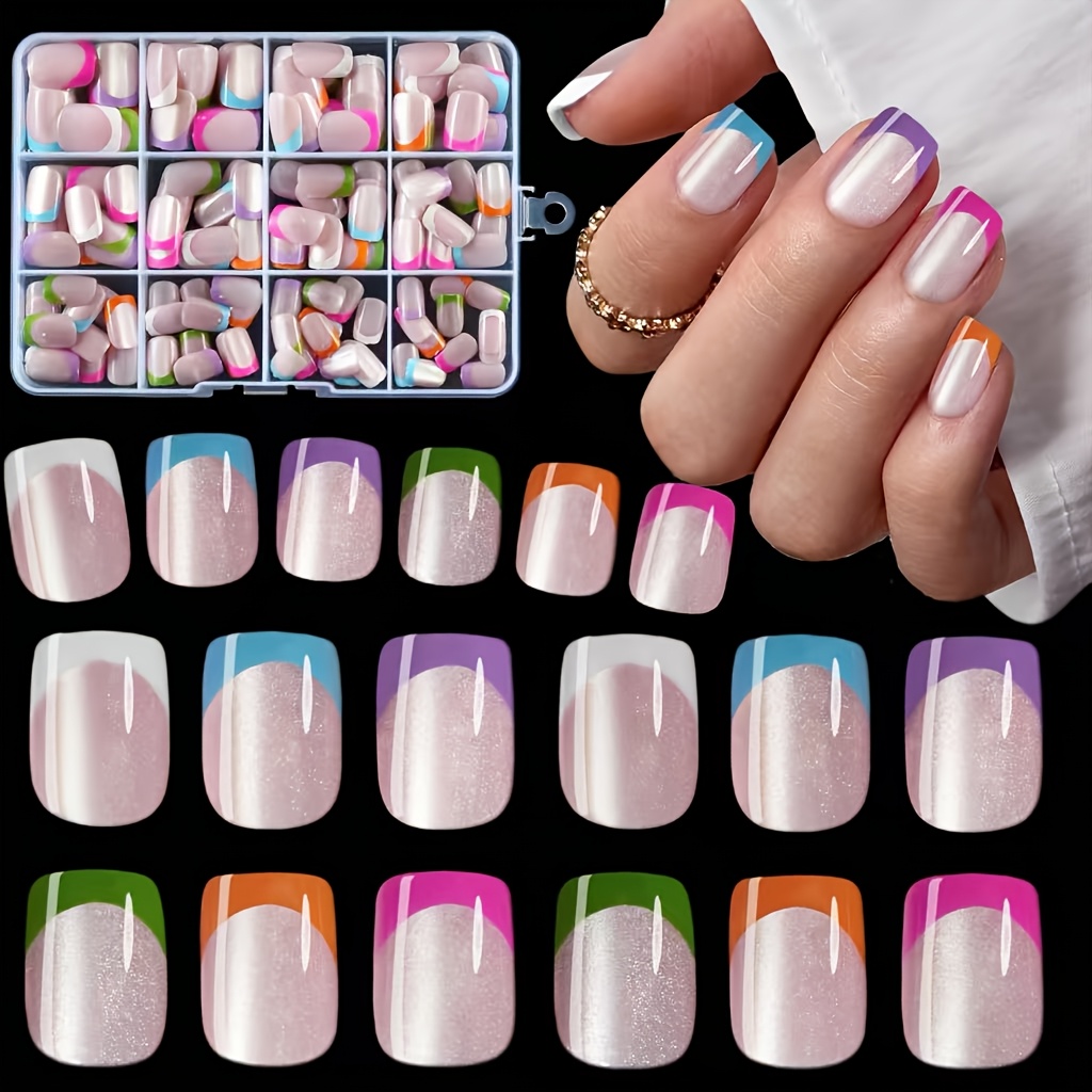 E-shop Kurze Quadratische 6-Farben Französische Vollabdeckung Glitzernde Feine Lichtfangende Katzenaugen-Press-On-Nagelset, Inklusive Blau, Orange,