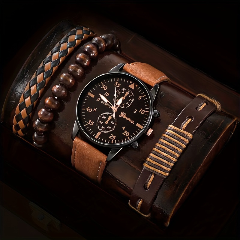 

4pcs/set Casual Business Quartz Watch Analog Pu Leather Wrist Watch & Bracelets, Valentine's Day Ramadan Gifts For Women Her