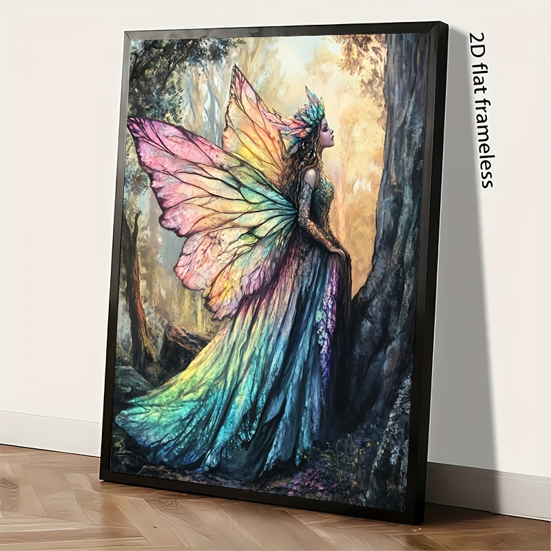 TEMU [professional Art Use] 2d Flat, 1 Set Adult Painting Kit, "fairy With Colorful Wings In " Including Acrylic Paints, Canvas, 3pcs Brushes And