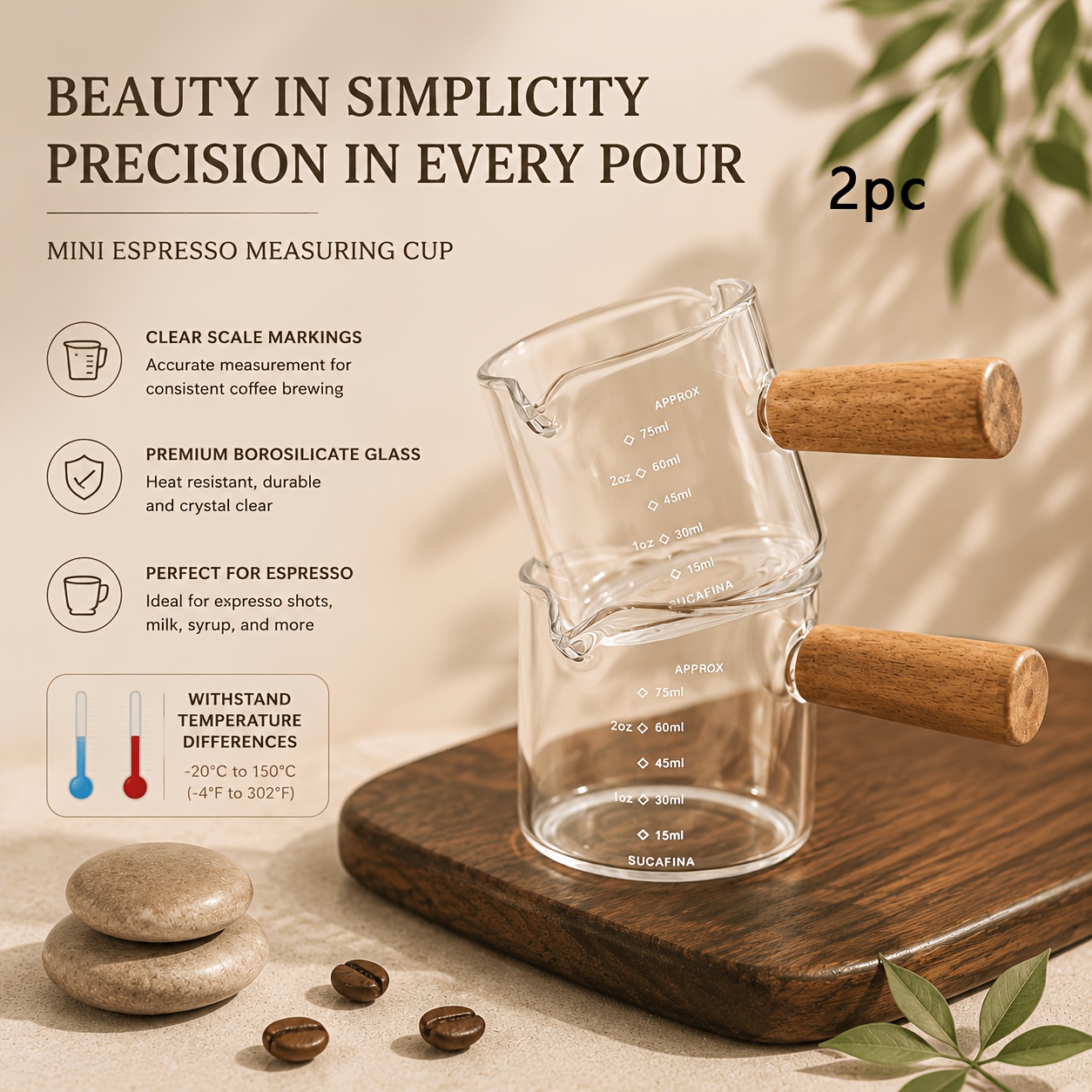 TEMU 2pcs Espresso Measuring Cup With Wooden Handle, Thick Borosilicate Glass Shot Cup With Scale , Mini Coffee Dosing Cup For Espresso Machine,