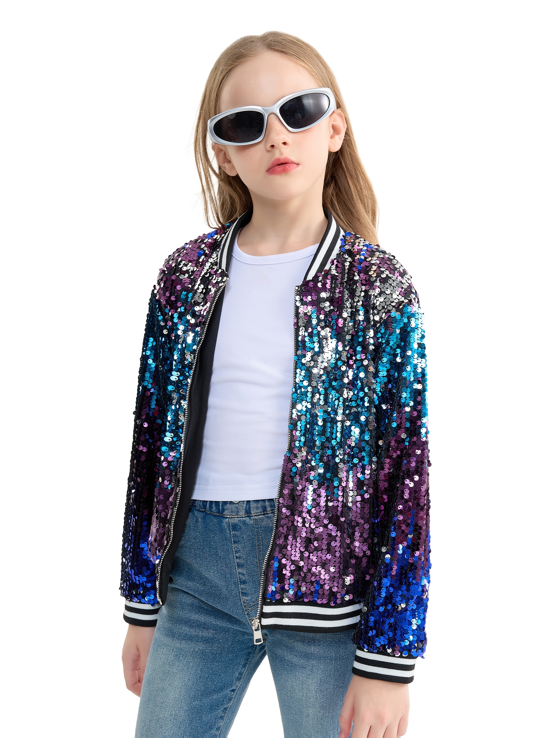girls sequins jacket gradient splicing colorful jacket long sleeve bomber coats with pockets spring and autumn clothing 4 13 years old ombrepurpleblue 0