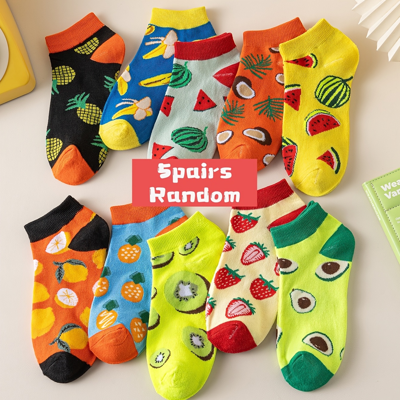 TEMU 5-pair (for ) Fruit & Vegetable Ankle Socks - Unisex Low-cut Breathable Short Socks With Ribbed Trim, Random Fruit/vegetable Patterns, Machine